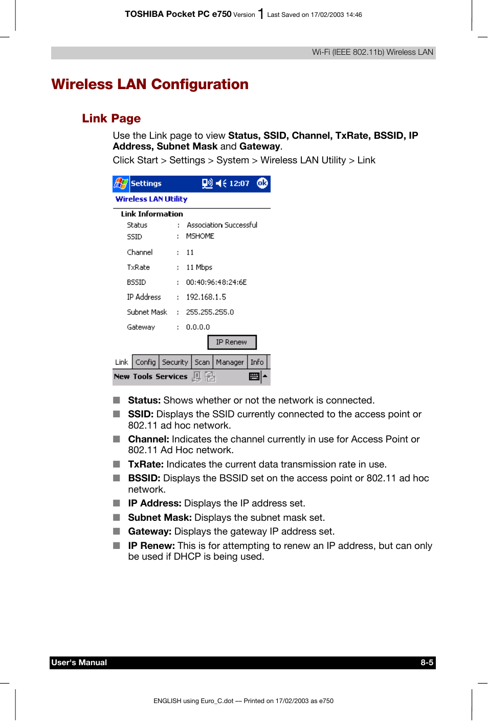 Wireless lan configuration, Link page | Toshiba Pocket PC e750 User Manual | Page 112 / 177