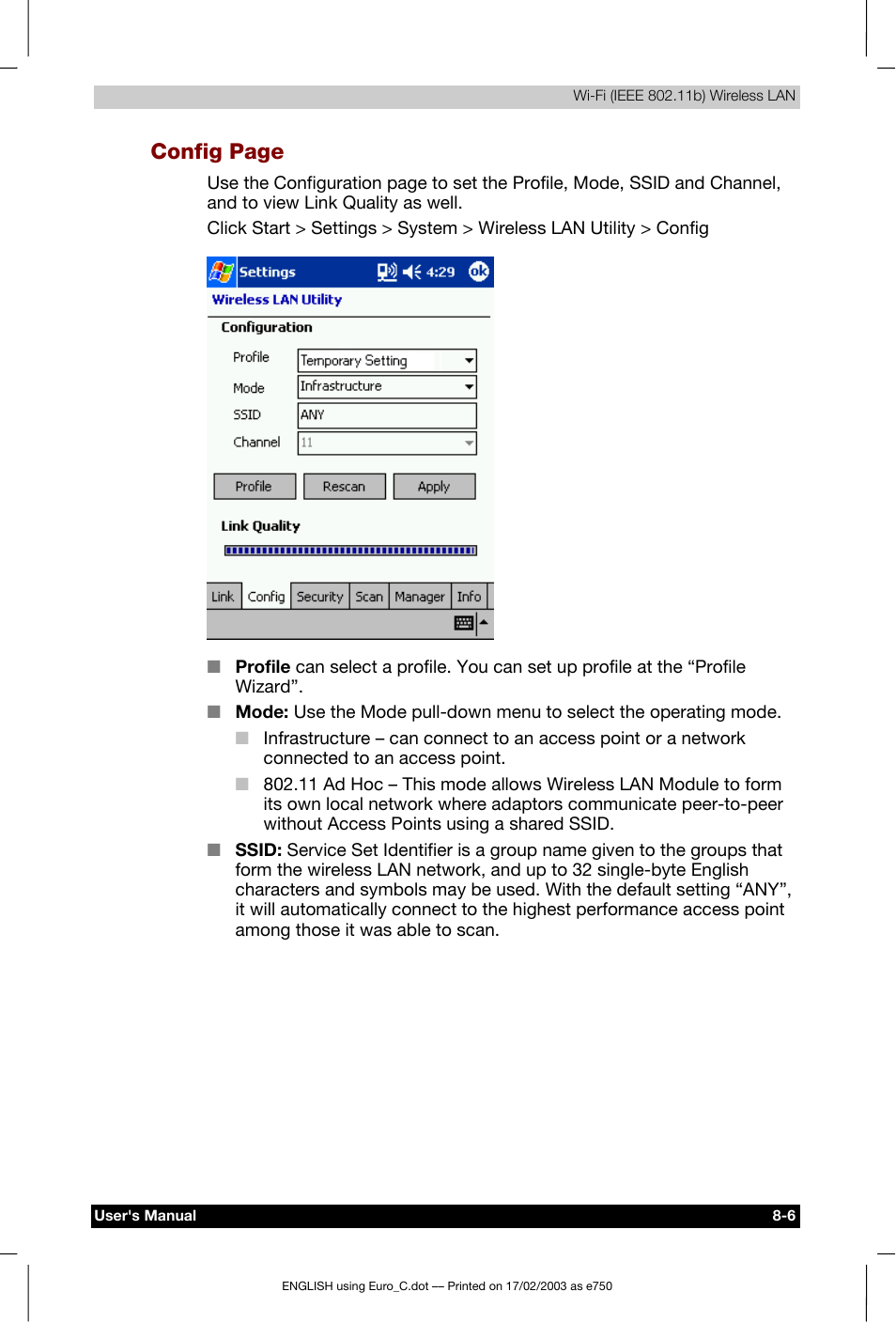 Config page | Toshiba Pocket PC e750 User Manual | Page 113 / 177