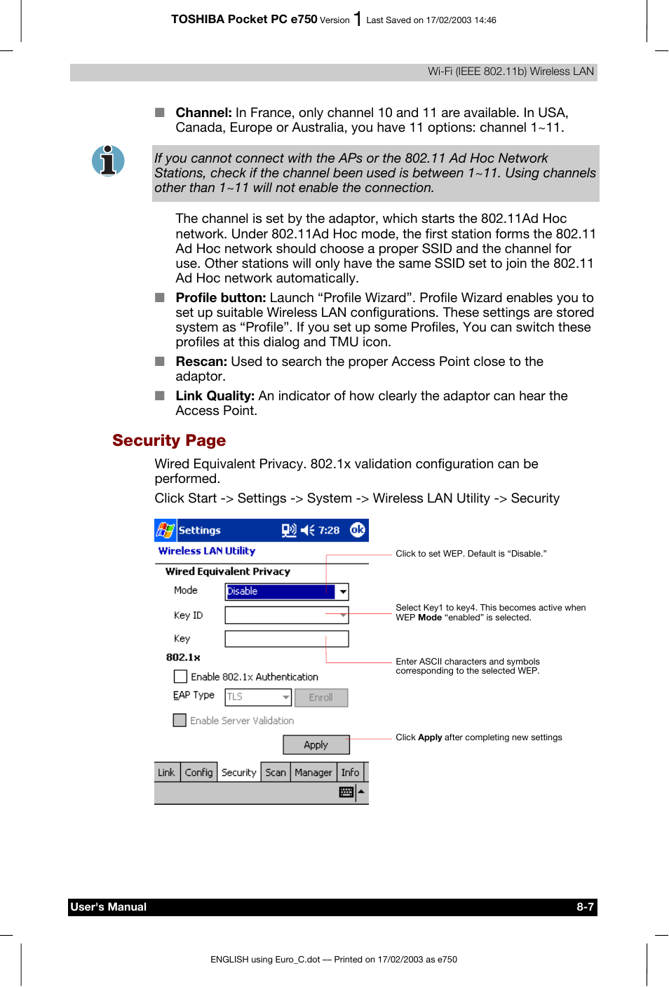 Security page | Toshiba Pocket PC e750 User Manual | Page 114 / 177