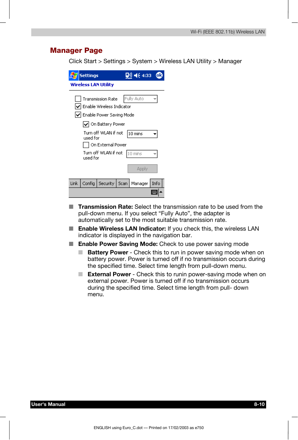 Manager page | Toshiba Pocket PC e750 User Manual | Page 117 / 177