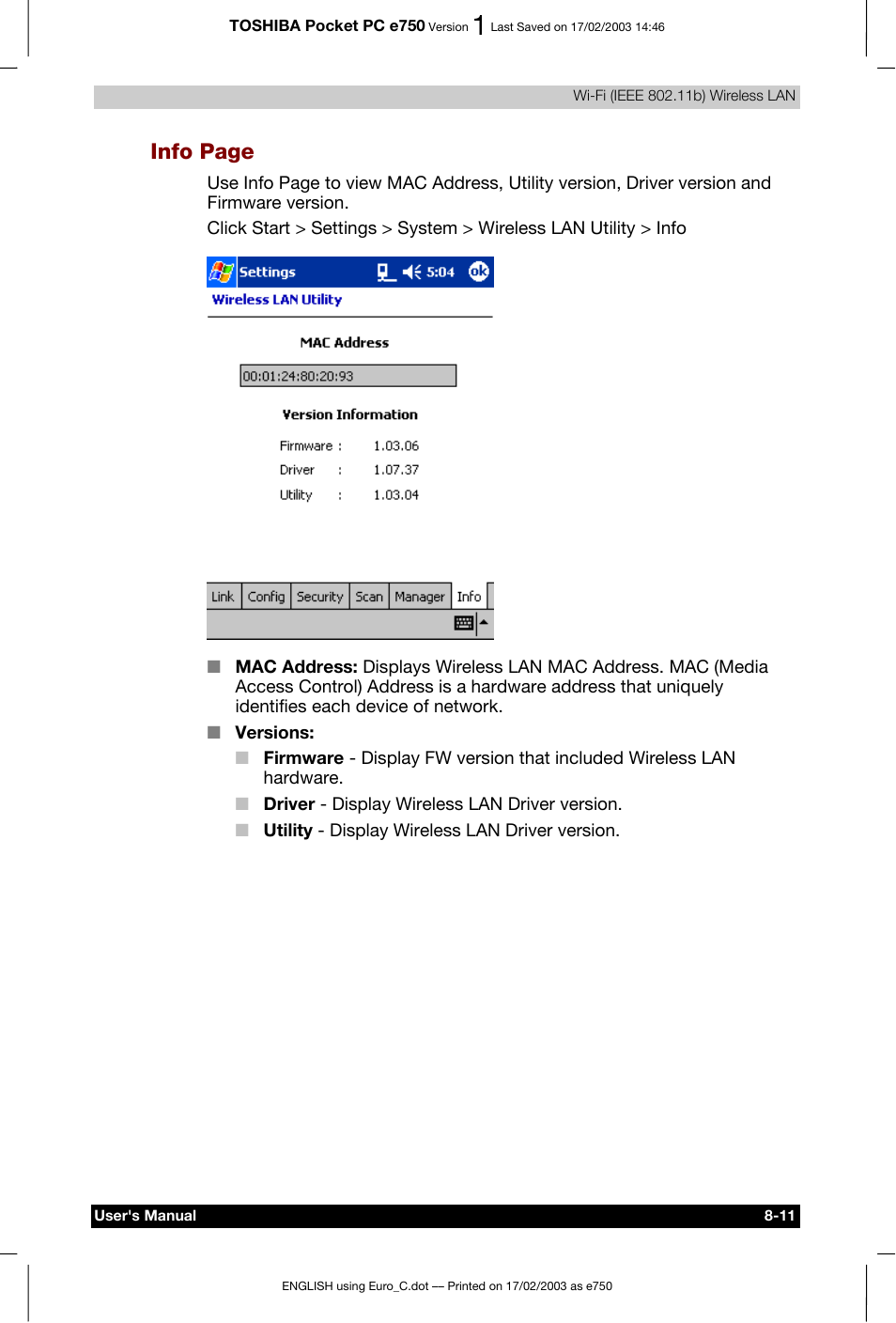 Info page | Toshiba Pocket PC e750 User Manual | Page 118 / 177