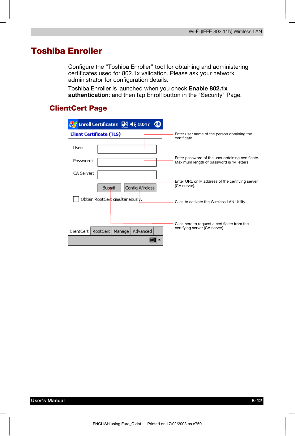 Toshiba enroller, Clientcert page | Toshiba Pocket PC e750 User Manual | Page 119 / 177