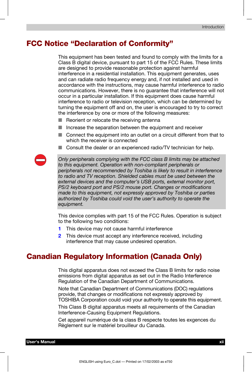 Fcc notice “declaration of conformity, Canadian regulatory information (canada only) | Toshiba Pocket PC e750 User Manual | Page 12 / 177