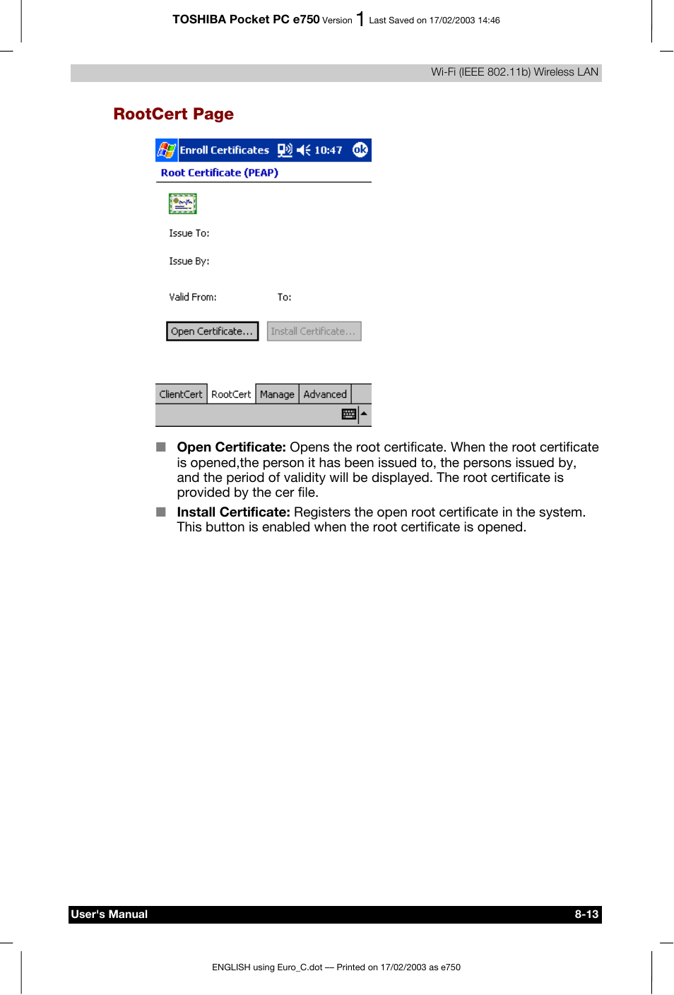 Rootcert page | Toshiba Pocket PC e750 User Manual | Page 120 / 177