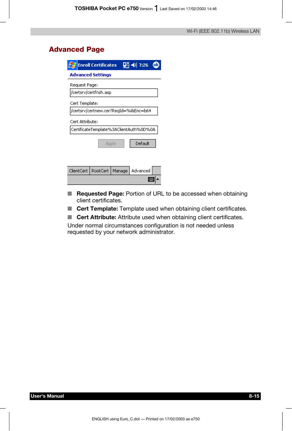 Advanced page | Toshiba Pocket PC e750 User Manual | Page 122 / 177