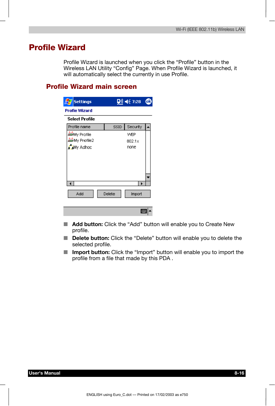 Profile wizard, Profile wizard main screen | Toshiba Pocket PC e750 User Manual | Page 123 / 177