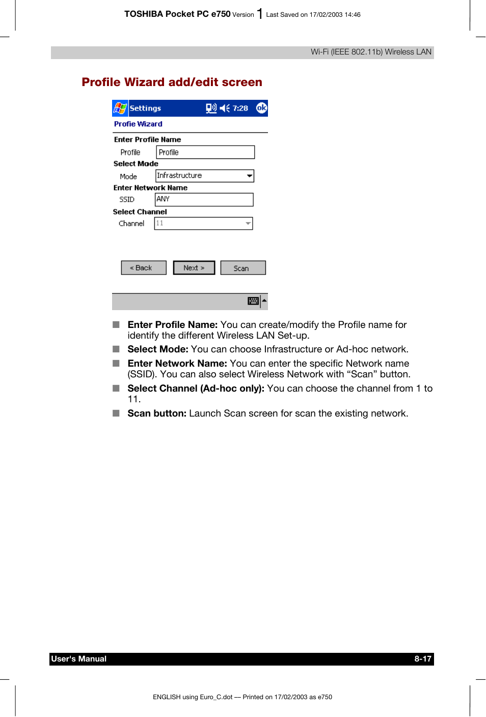 Profile wizard add/edit screen | Toshiba Pocket PC e750 User Manual | Page 124 / 177