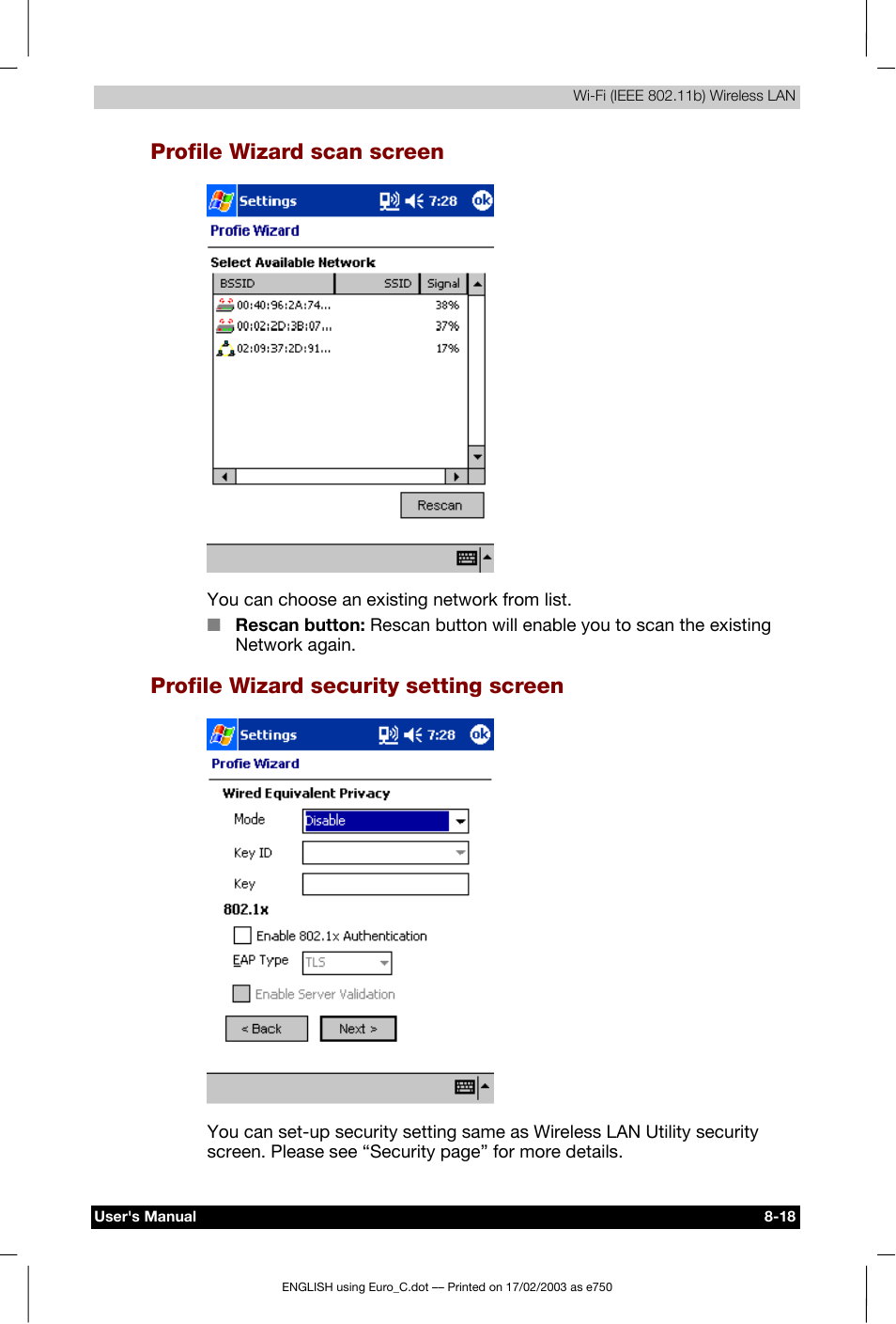 Profile wizard scan screen, Profile wizard security setting screen | Toshiba Pocket PC e750 User Manual | Page 125 / 177