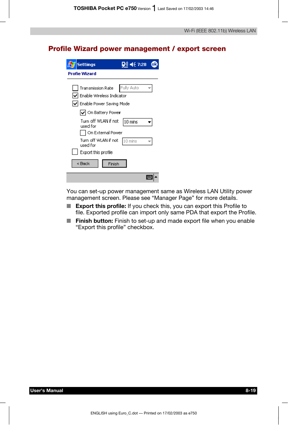 Profile wizard power management / export screen | Toshiba Pocket PC e750 User Manual | Page 126 / 177