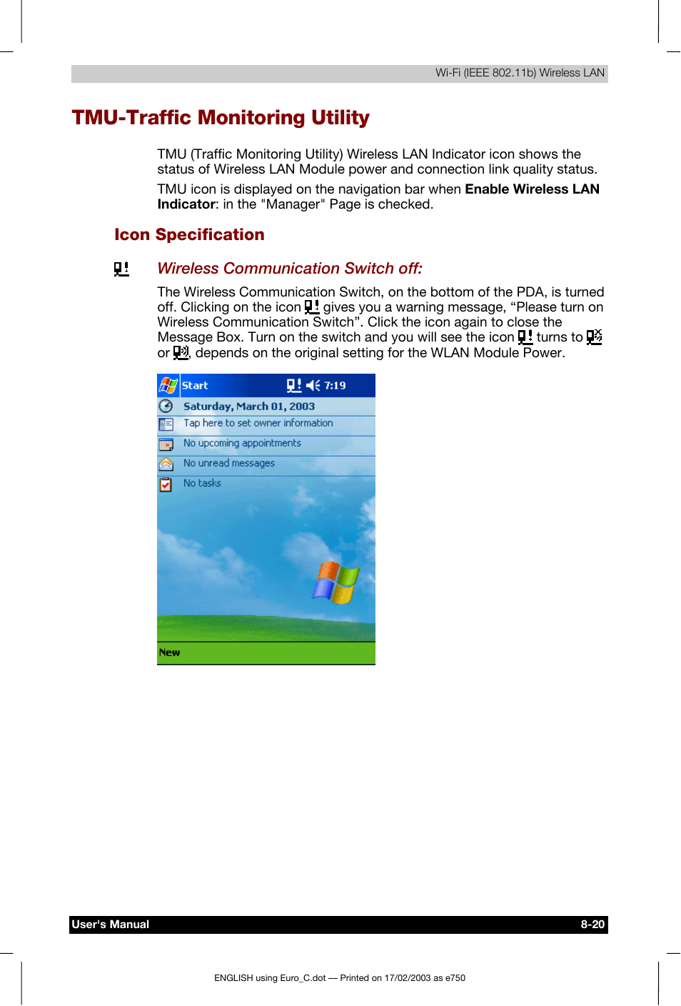 Tmu-traffic monitoring utility, Icon specification | Toshiba Pocket PC e750 User Manual | Page 127 / 177