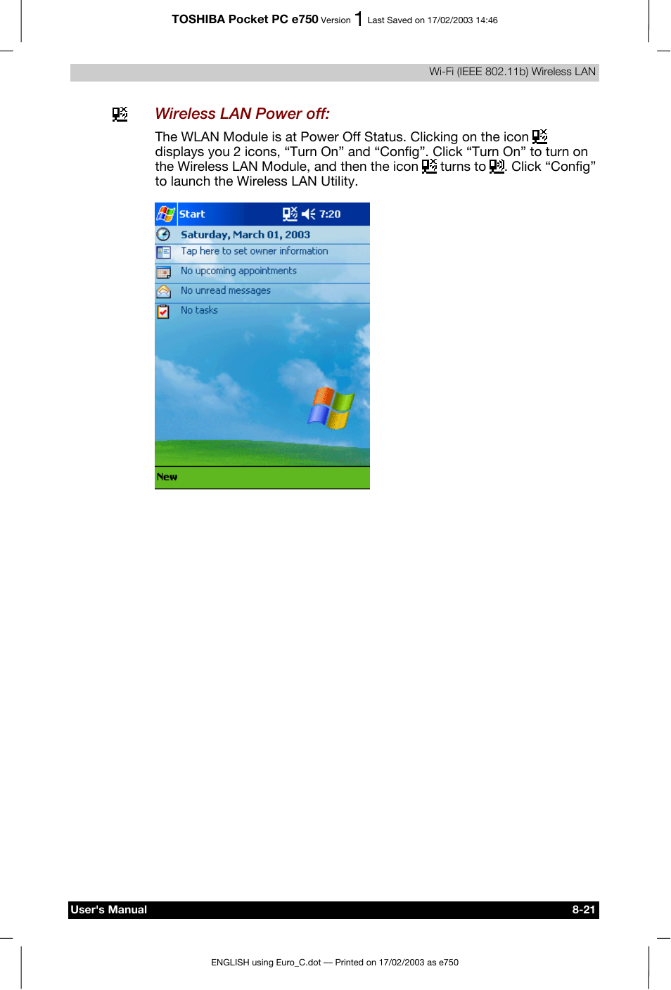 Wireless lan power off | Toshiba Pocket PC e750 User Manual | Page 128 / 177