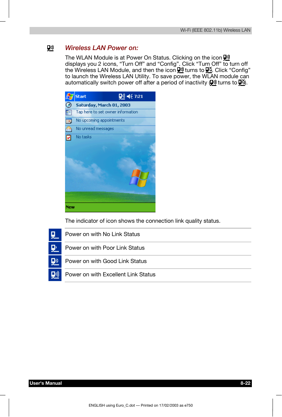 Wireless lan power on | Toshiba Pocket PC e750 User Manual | Page 129 / 177