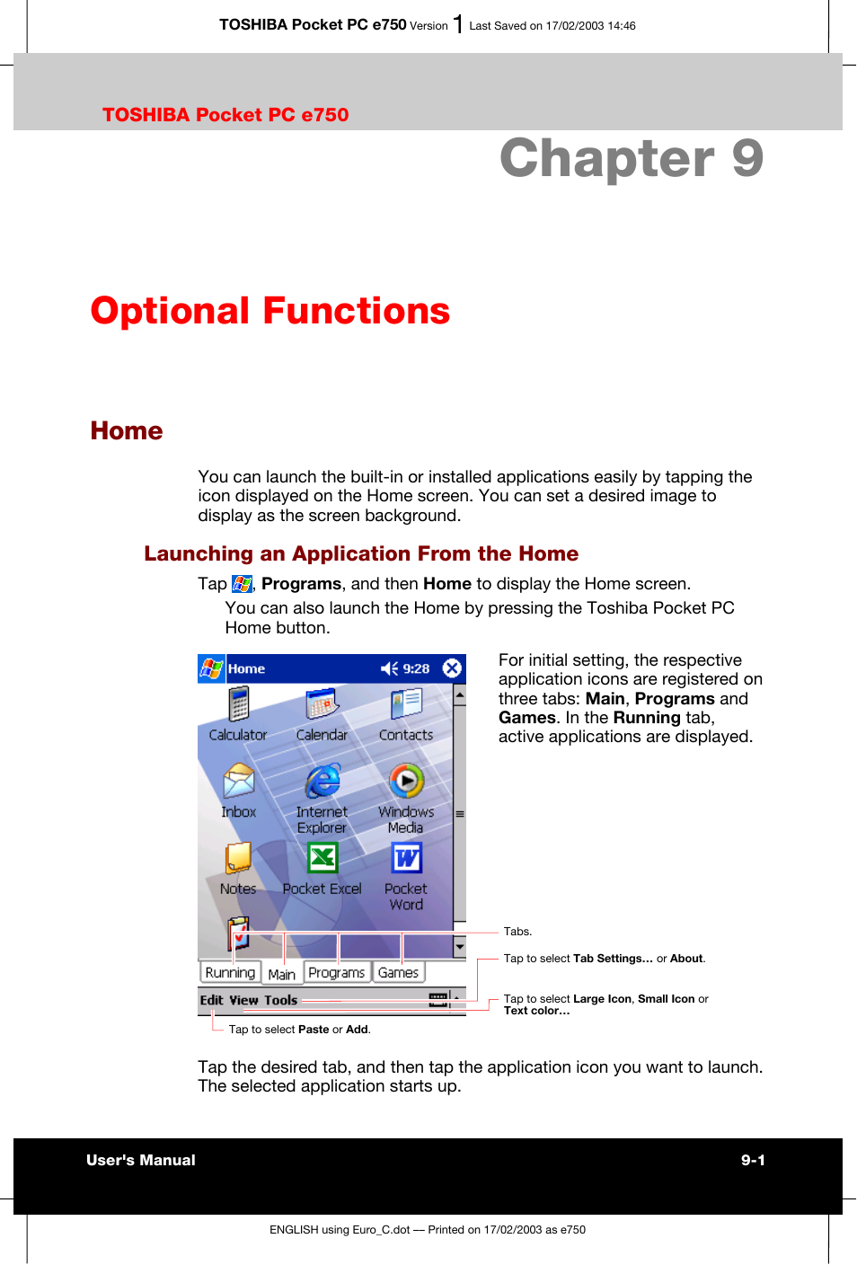 Chapter 9 optional functions, Home, Launching an application from the home | Chapter 9, Optional functions | Toshiba Pocket PC e750 User Manual | Page 130 / 177