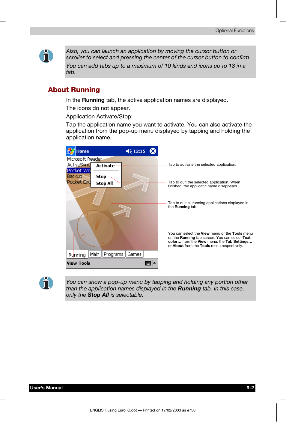 About running | Toshiba Pocket PC e750 User Manual | Page 131 / 177