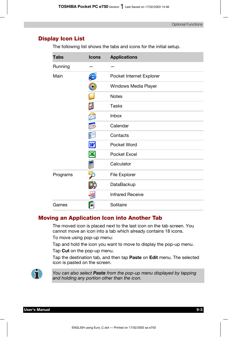 Display icon list, Moving an application icon into another tab | Toshiba Pocket PC e750 User Manual | Page 132 / 177