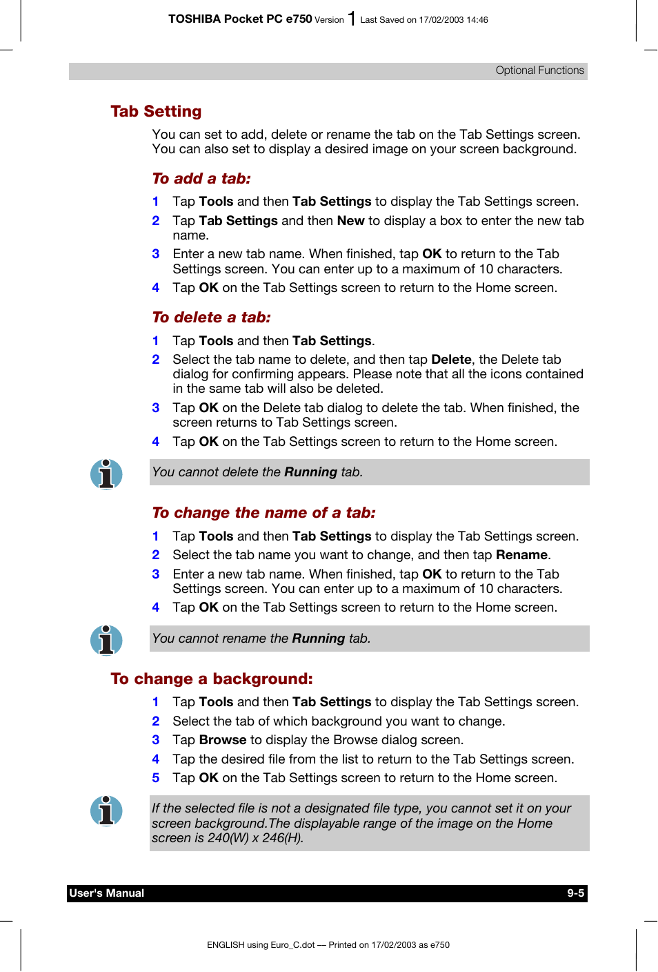 Tab setting, To change a background | Toshiba Pocket PC e750 User Manual | Page 134 / 177