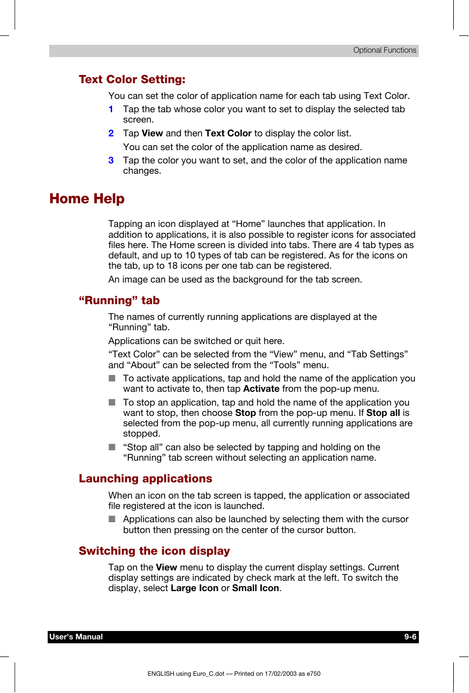 Text color setting, Home help, Running” tab | Launching applications, Switching the icon display | Toshiba Pocket PC e750 User Manual | Page 135 / 177