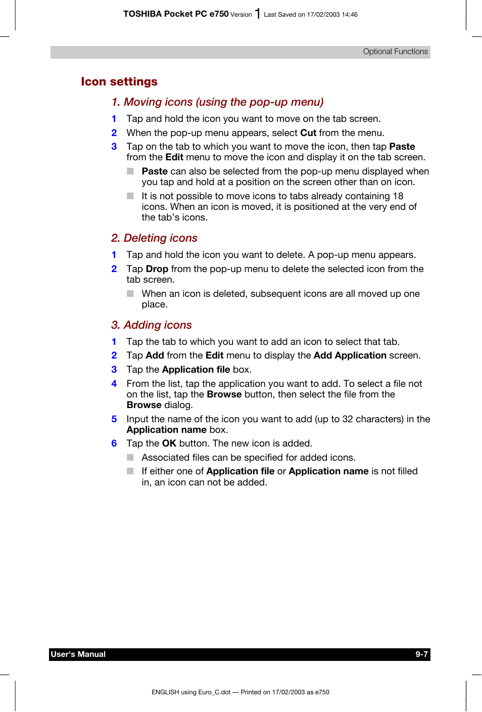 Icon settings | Toshiba Pocket PC e750 User Manual | Page 136 / 177