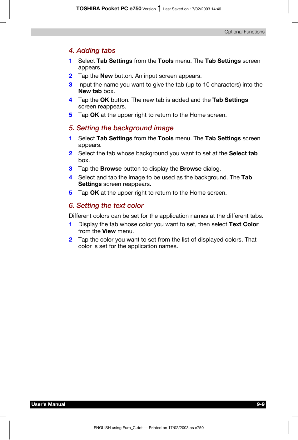 Adding tabs, Setting the background image, Setting the text color | Toshiba Pocket PC e750 User Manual | Page 138 / 177