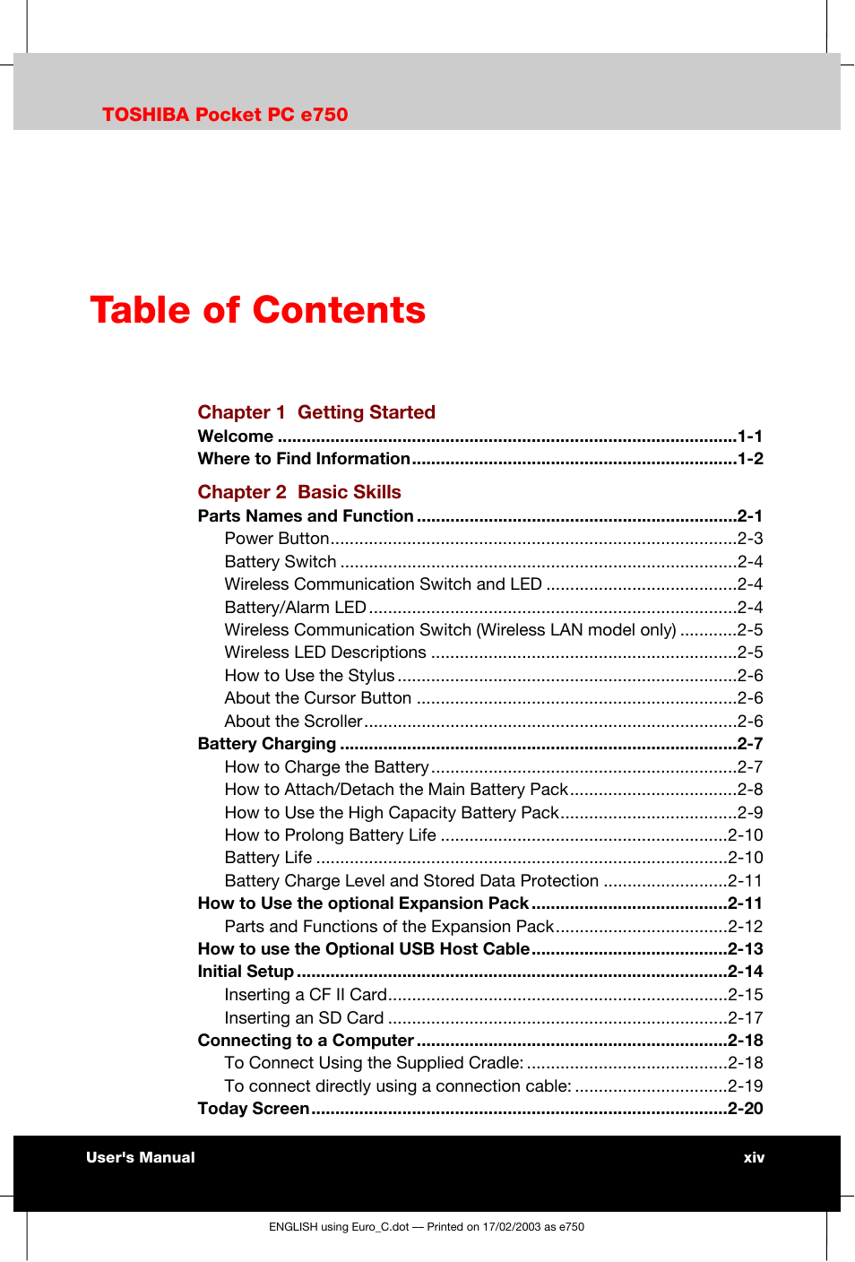 Toshiba Pocket PC e750 User Manual | Page 14 / 177