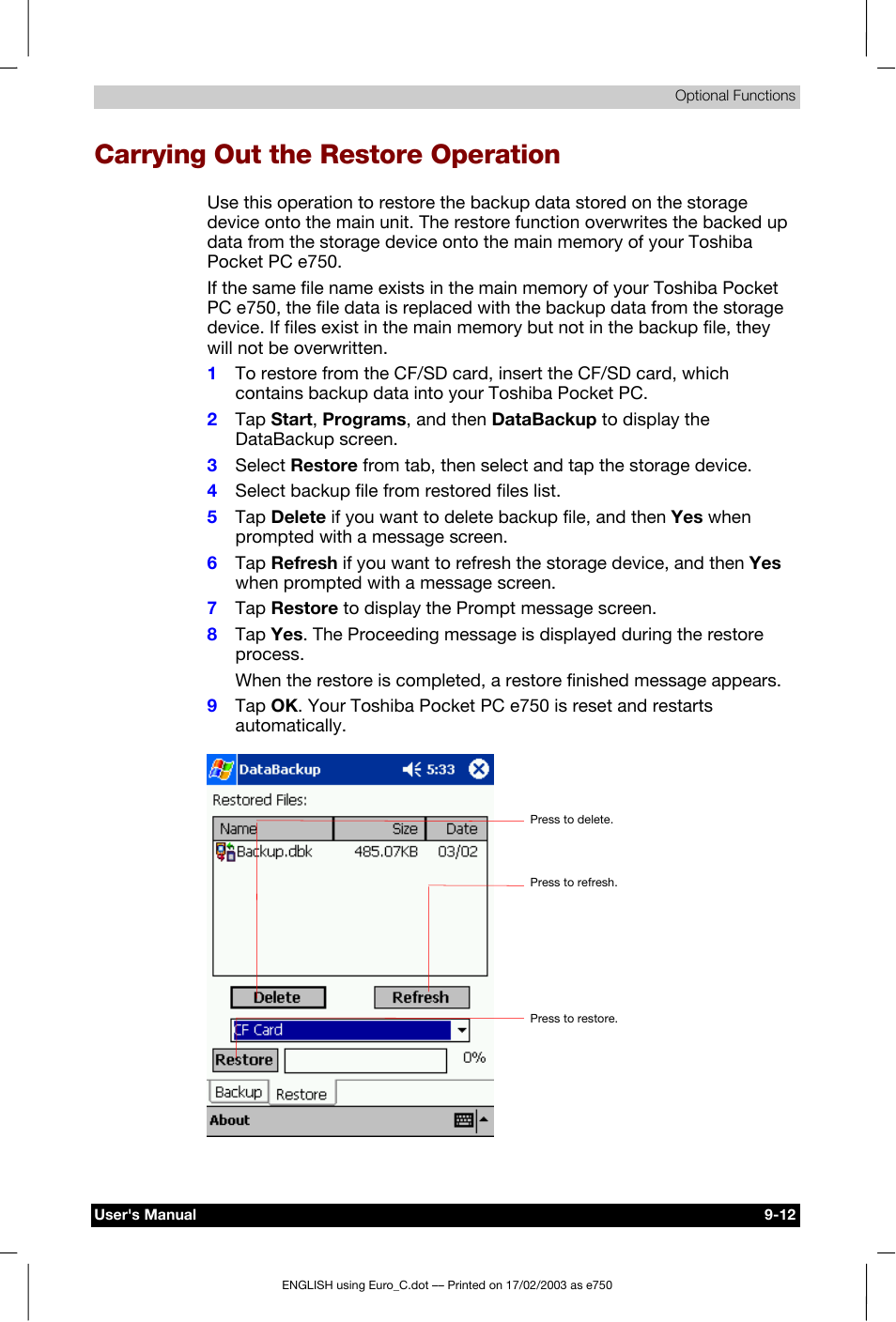 Carrying out the restore operation | Toshiba Pocket PC e750 User Manual | Page 141 / 177