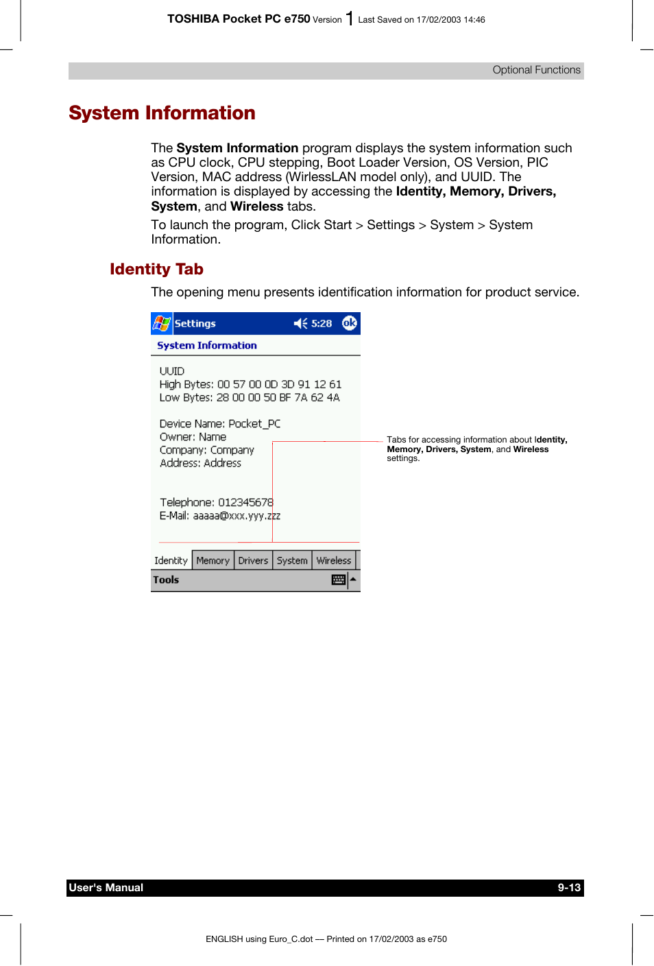 System information, Identity tab | Toshiba Pocket PC e750 User Manual | Page 142 / 177