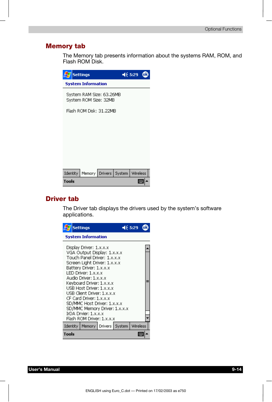 Memory tab, Driver tab | Toshiba Pocket PC e750 User Manual | Page 143 / 177