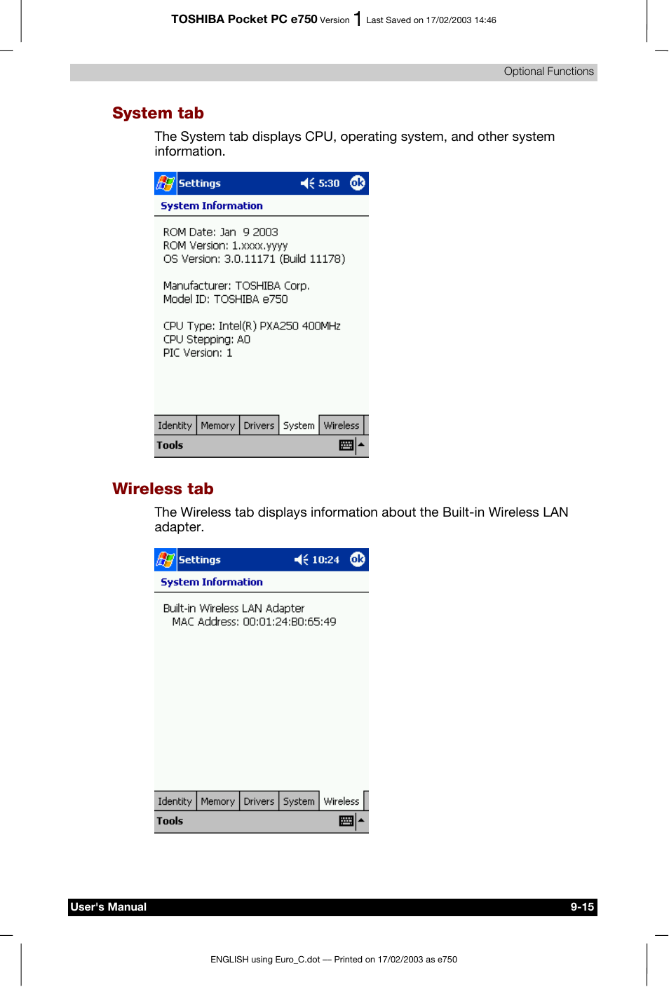 System tab, Wireless tab | Toshiba Pocket PC e750 User Manual | Page 144 / 177