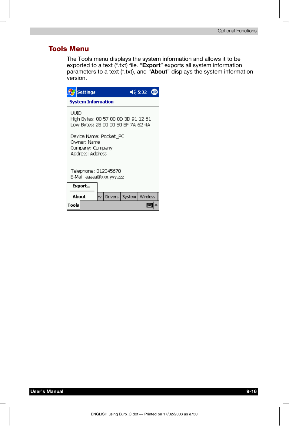 Tools menu | Toshiba Pocket PC e750 User Manual | Page 145 / 177