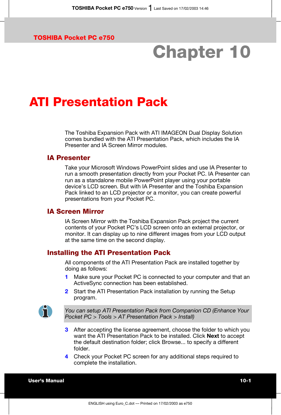 Chapter 10 ati presentation pack, Unknown, Ia presenter | Ia screen mirror, Installing the ati presentation pack, Chapter 10, Ati presentation pack | Toshiba Pocket PC e750 User Manual | Page 146 / 177