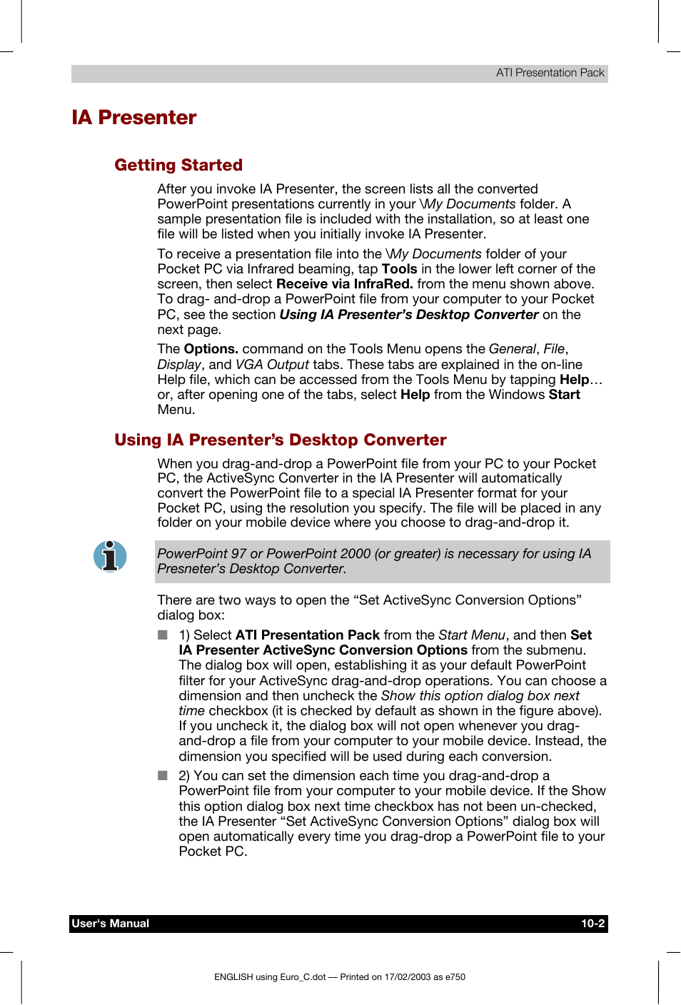 Ia presenter, Getting started, Using ia presenter’s desktop converter | Toshiba Pocket PC e750 User Manual | Page 147 / 177