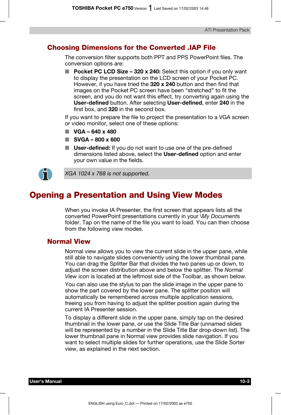 Choosing dimensions for the converted .iap file, Opening a presentation and using view modes, Normal view | Toshiba Pocket PC e750 User Manual | Page 148 / 177