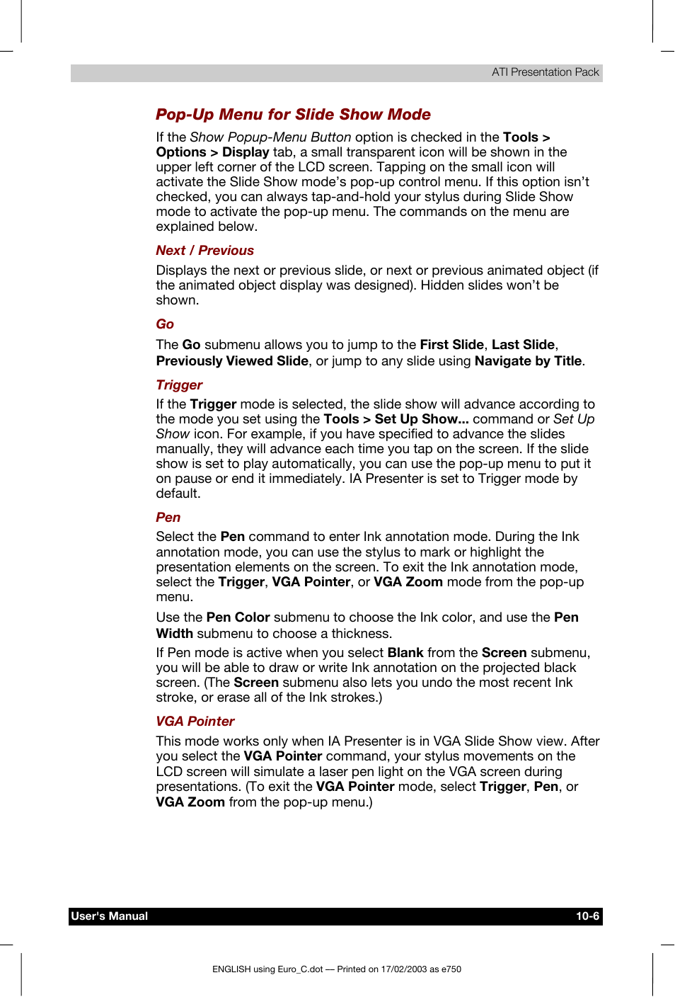 Pop-up menu for slide show mode | Toshiba Pocket PC e750 User Manual | Page 151 / 177