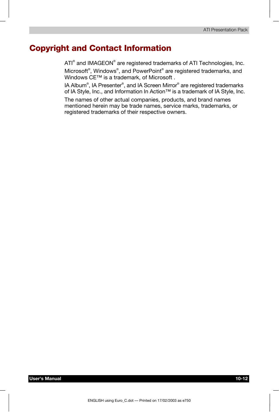 Copyright and contact information, And imageon, Windows | And powerpoint, Ia presenter, And ia screen mirror | Toshiba Pocket PC e750 User Manual | Page 157 / 177