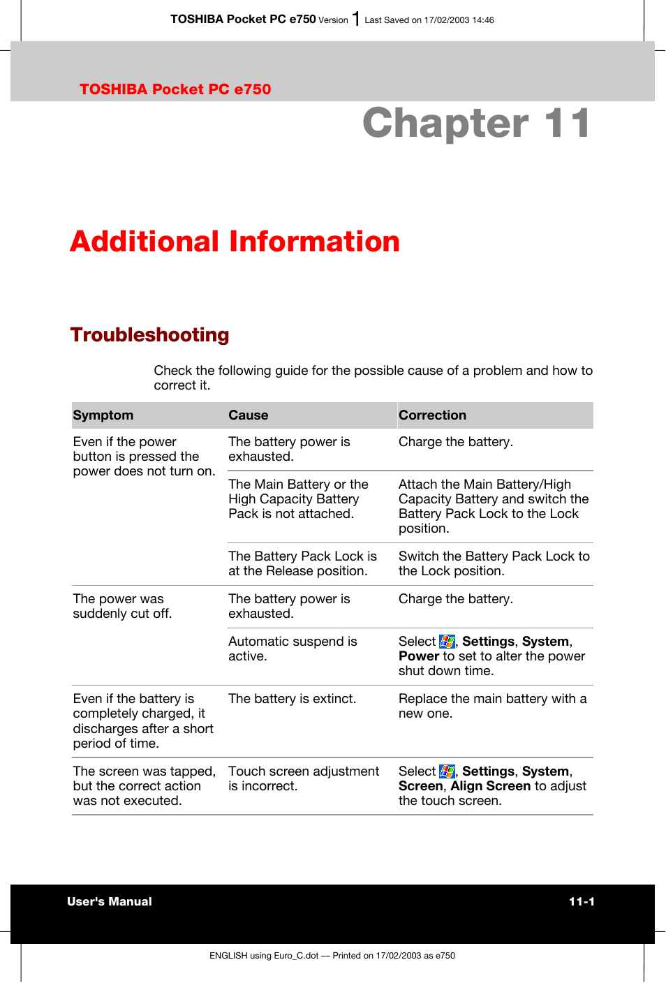 Chapter 11 additional information, Troubleshooting, Chapter 11 | Additional information | Toshiba Pocket PC e750 User Manual | Page 158 / 177