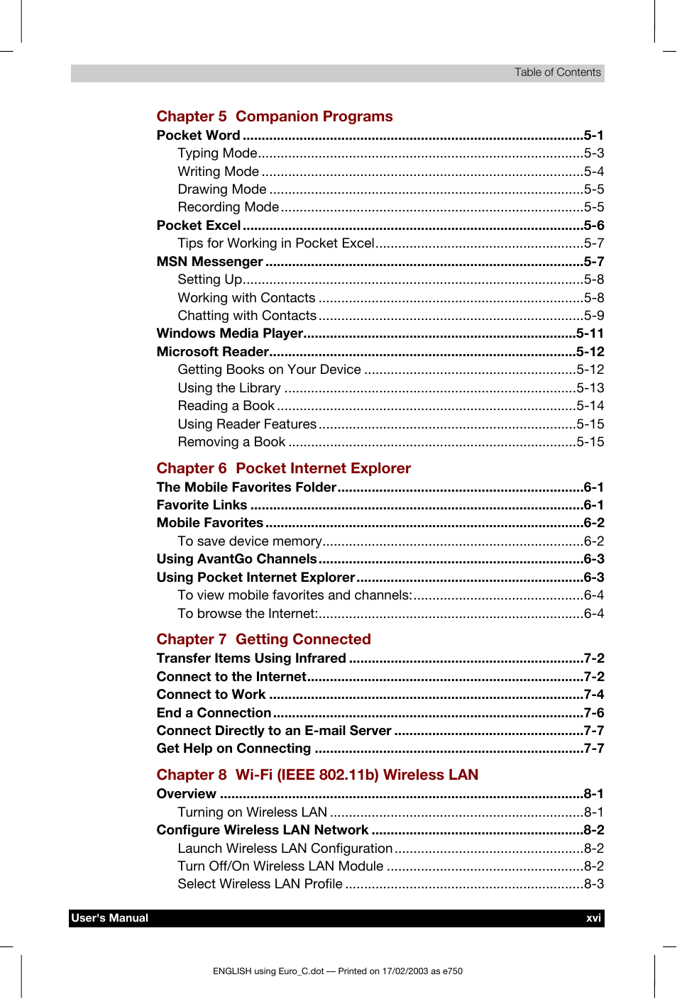 Toshiba Pocket PC e750 User Manual | Page 16 / 177