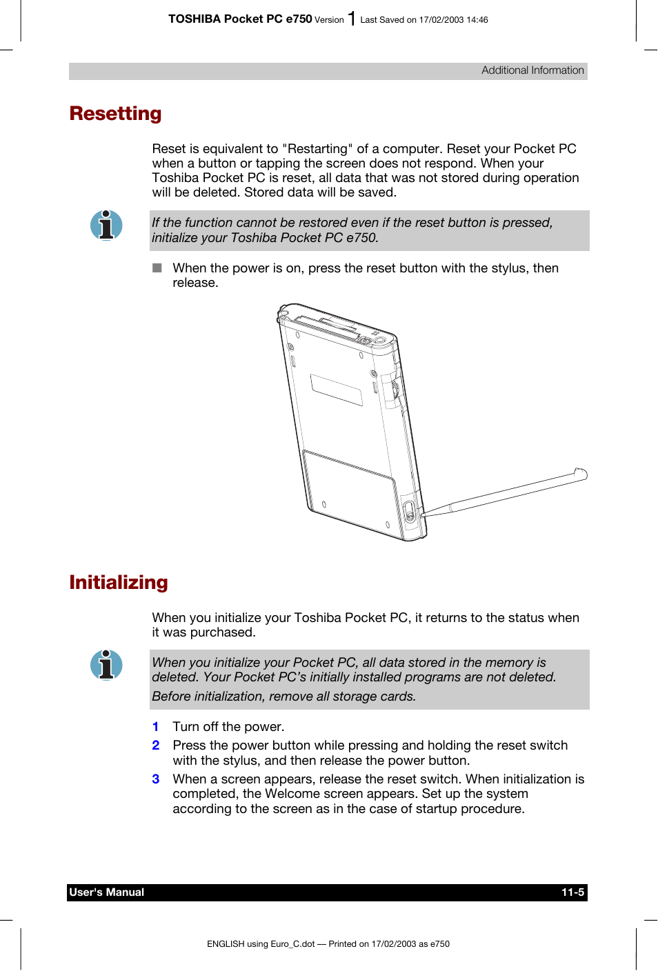 Resetting, Initializing | Toshiba Pocket PC e750 User Manual | Page 162 / 177