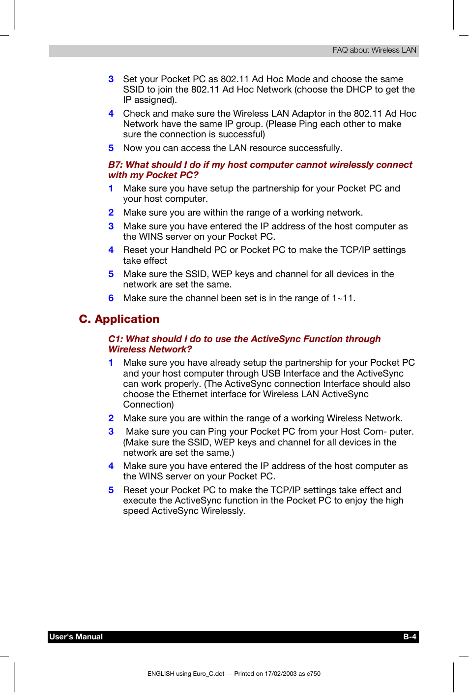 C. application | Toshiba Pocket PC e750 User Manual | Page 168 / 177