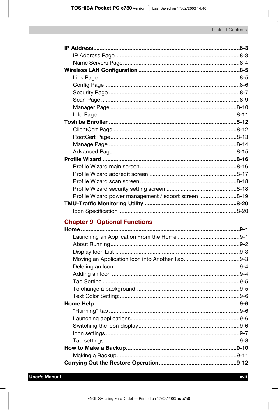 Toshiba Pocket PC e750 User Manual | Page 17 / 177