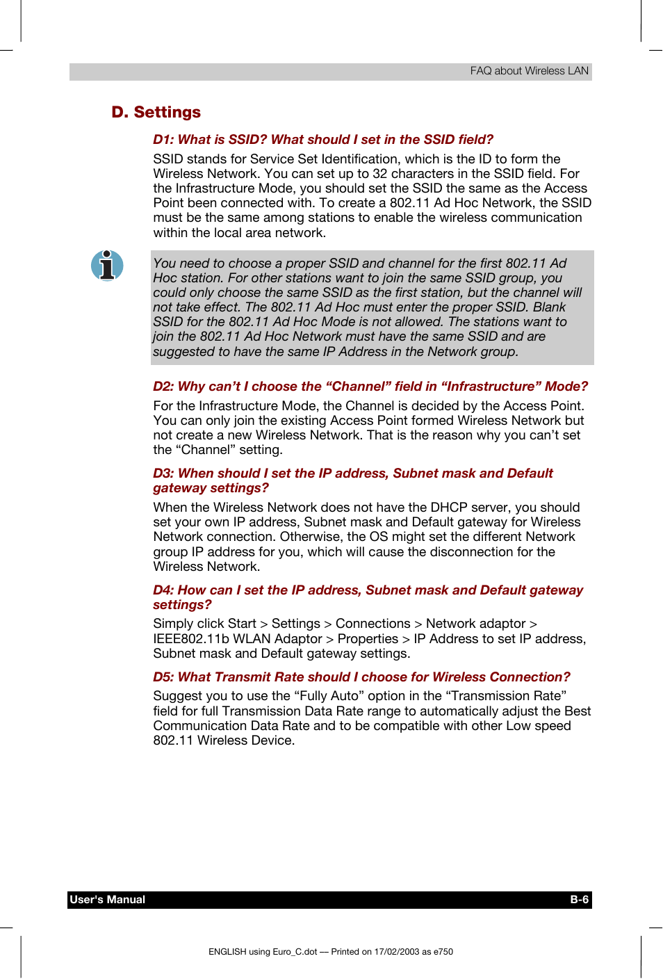D. settings | Toshiba Pocket PC e750 User Manual | Page 170 / 177