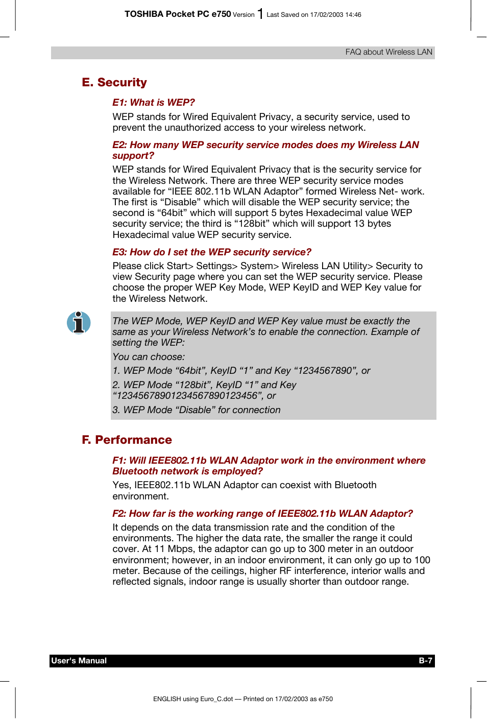 E. security, F. performance | Toshiba Pocket PC e750 User Manual | Page 171 / 177