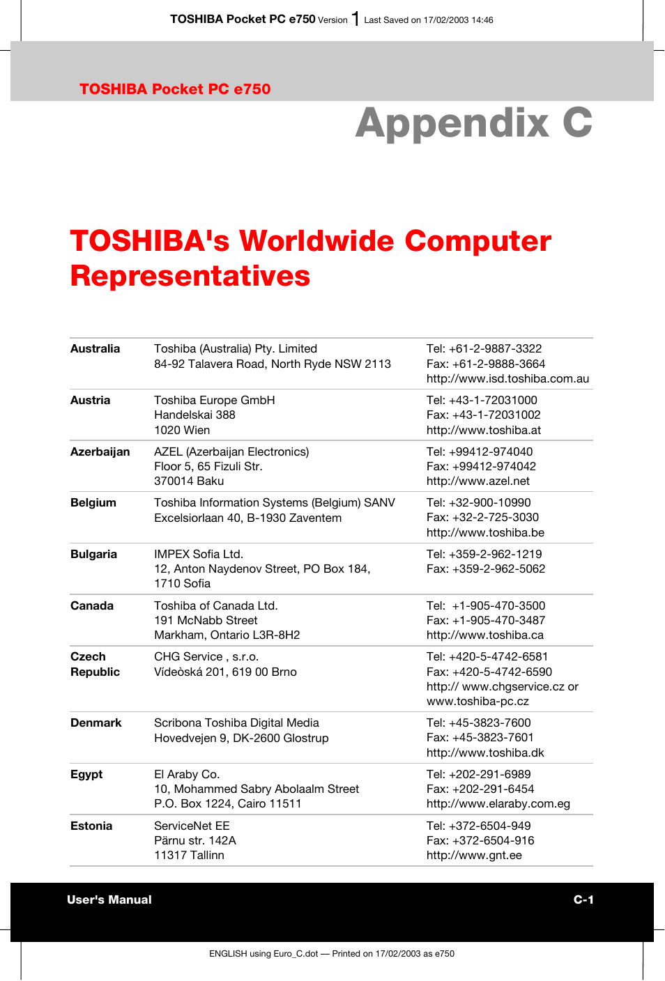 Appendix c, Toshiba's worldwide computer, Representatives | Toshiba's worldwide computer representatives | Toshiba Pocket PC e750 User Manual | Page 173 / 177