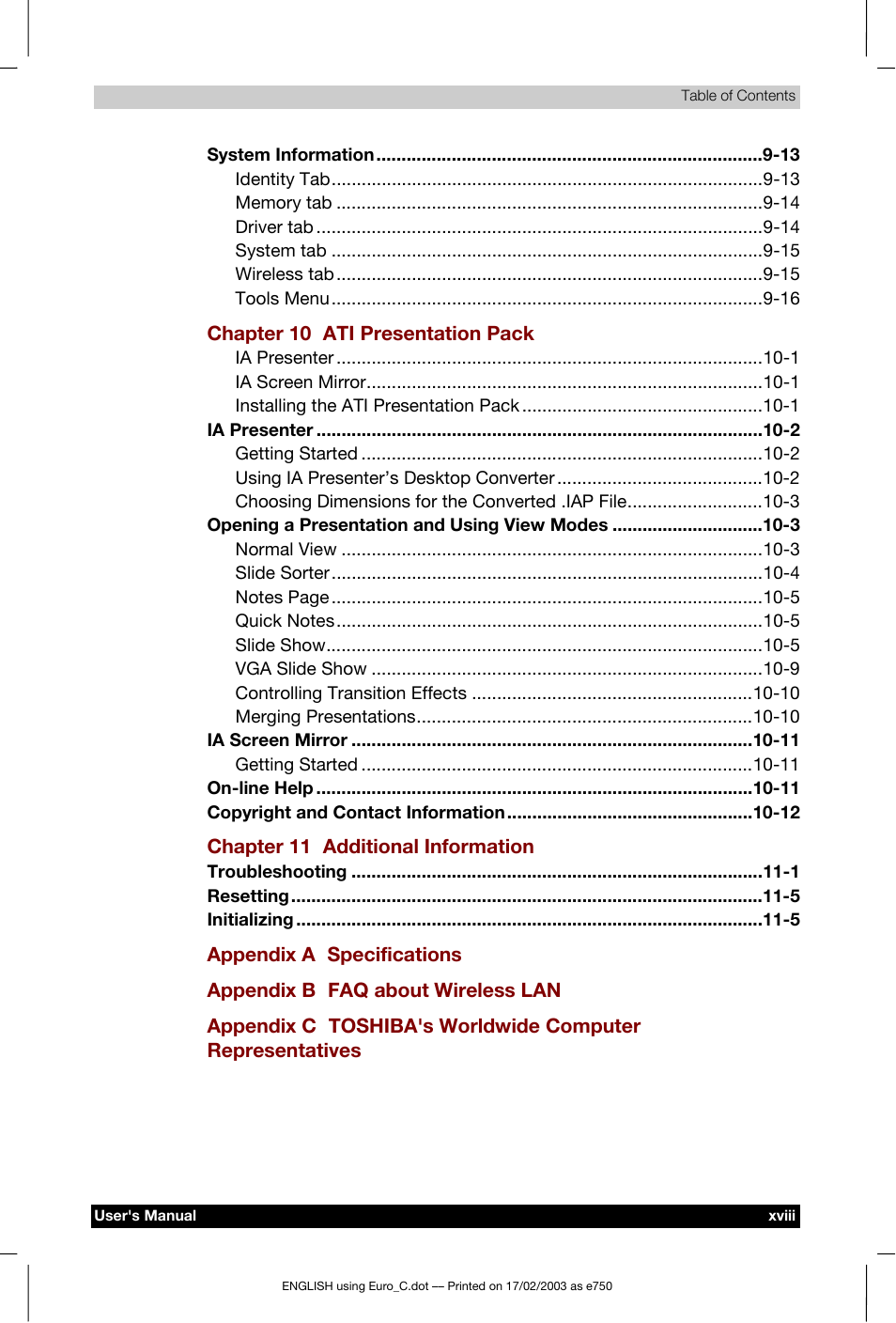 Toshiba Pocket PC e750 User Manual | Page 18 / 177