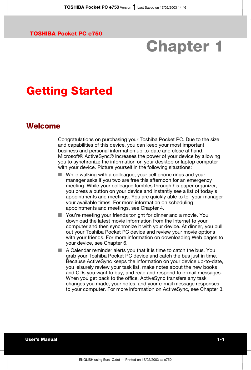 Chapter 1 getting started, Welcome, Chapter 1 | Getting started | Toshiba Pocket PC e750 User Manual | Page 19 / 177
