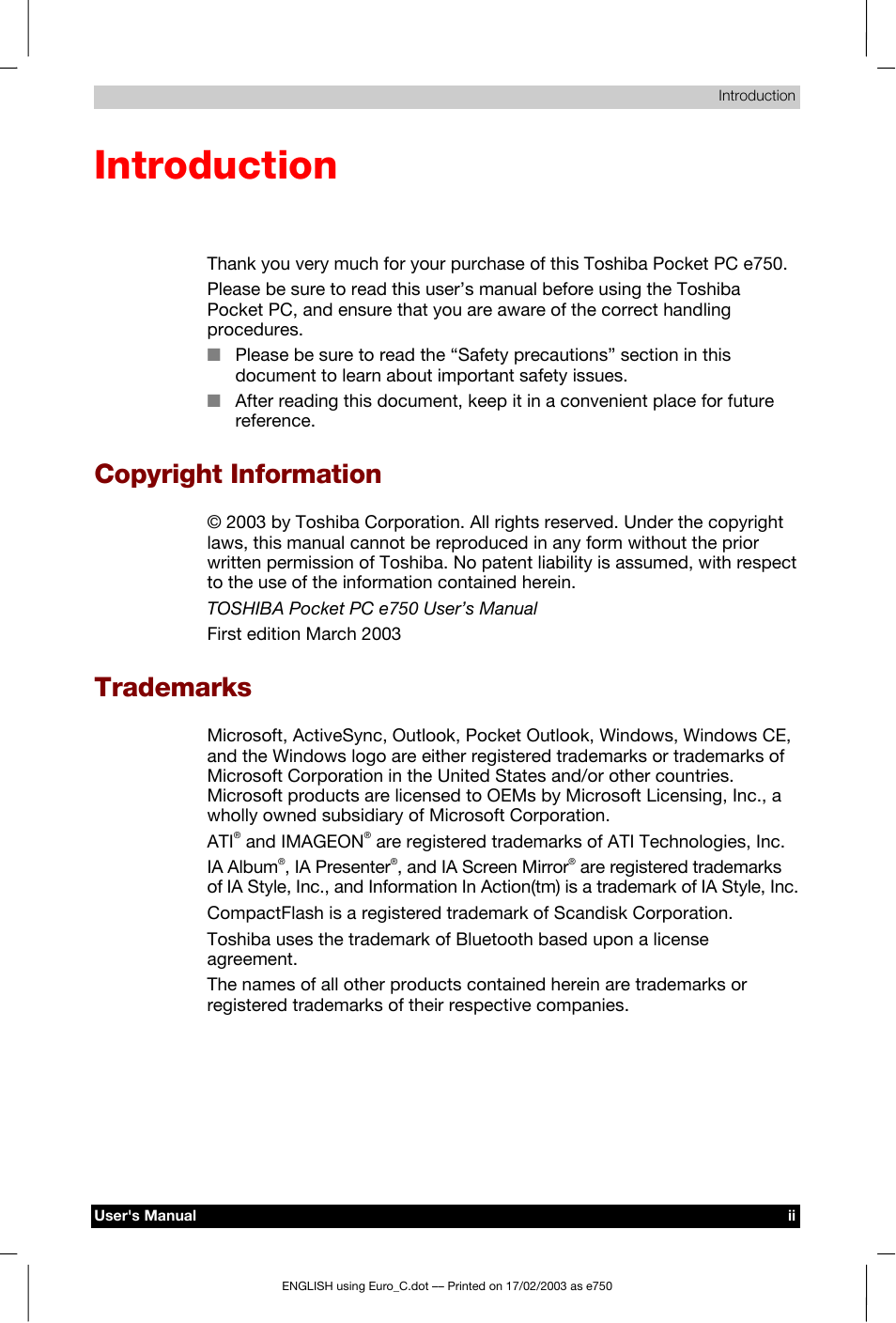 Introduction, Copyright information, Trademarks | Toshiba Pocket PC e750 User Manual | Page 2 / 177