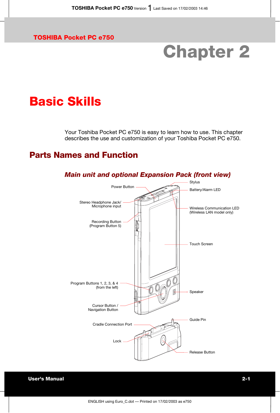 Chapter 2 basic skills, Parts names and function, Chapter 2 | Basic skills, Main unit and optional expansion pack (front view), Toshiba pocket pc e750 | Toshiba Pocket PC e750 User Manual | Page 21 / 177