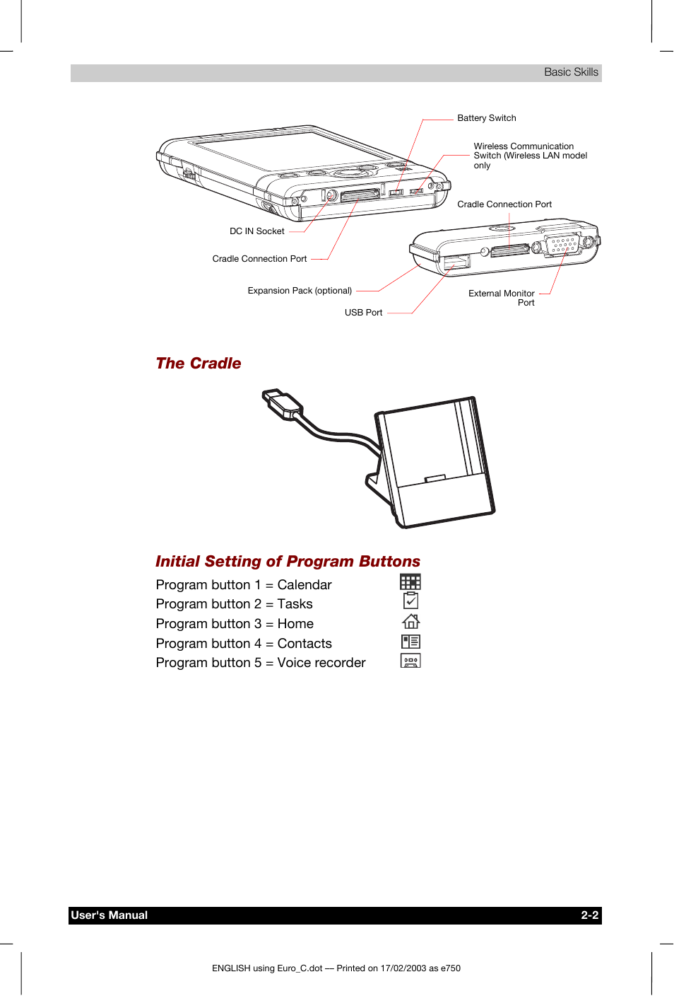 The cradle, Initial setting of program buttons | Toshiba Pocket PC e750 User Manual | Page 22 / 177