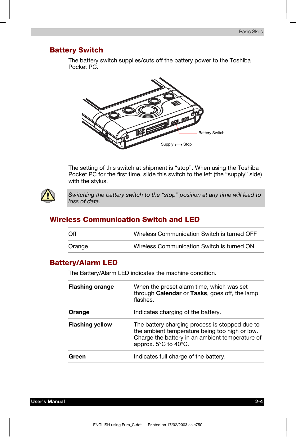 Battery switch, Wireless communication switch and led, Battery/alarm led | Toshiba Pocket PC e750 User Manual | Page 24 / 177