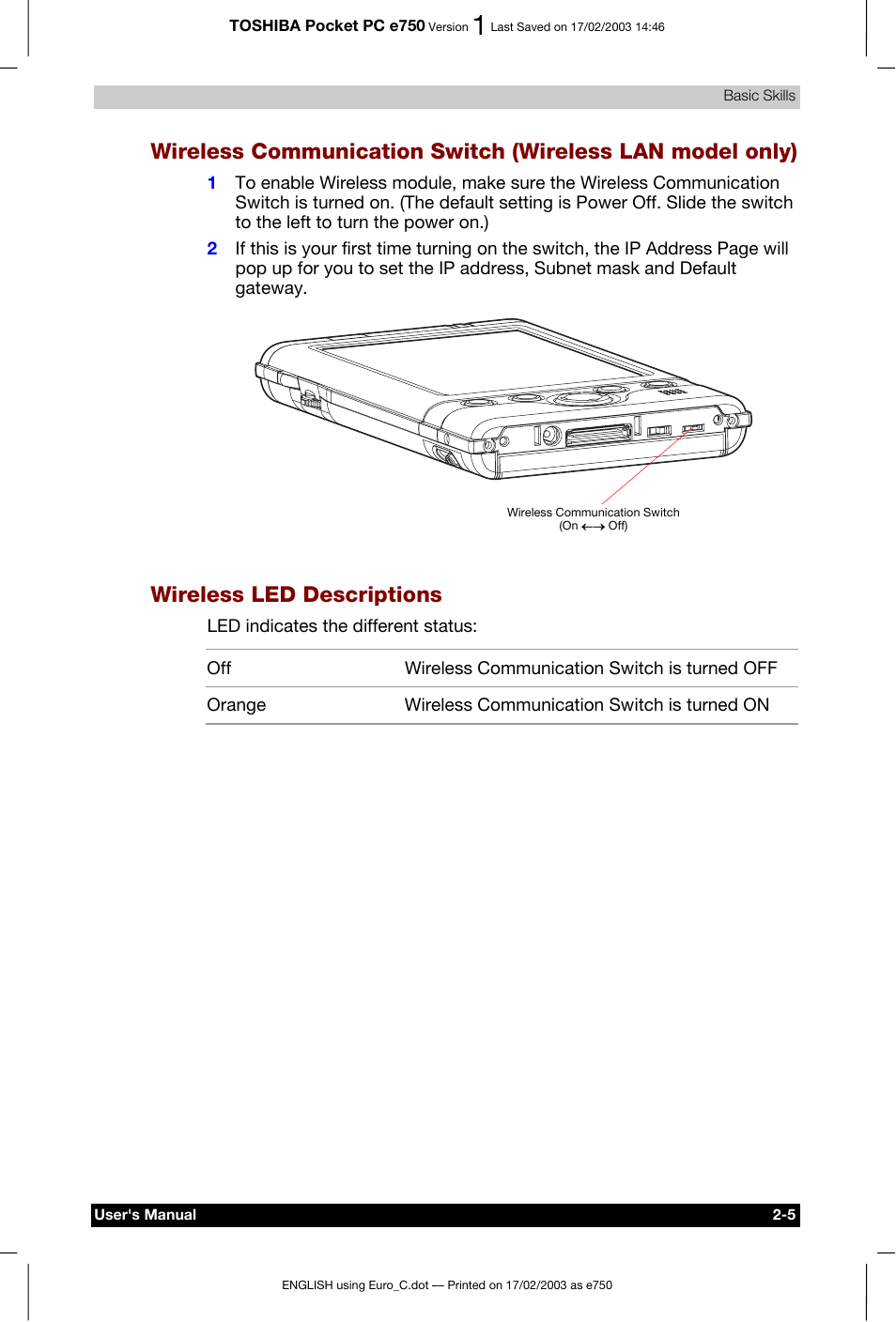 Wireless led descriptions | Toshiba Pocket PC e750 User Manual | Page 25 / 177