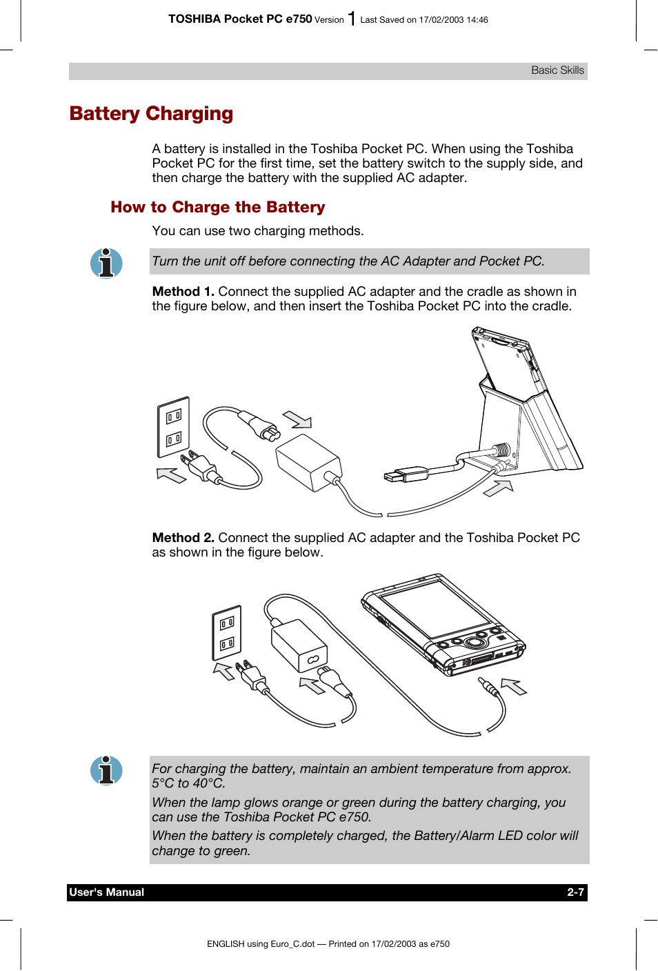 Battery charging, How to charge the battery | Toshiba Pocket PC e750 User Manual | Page 27 / 177